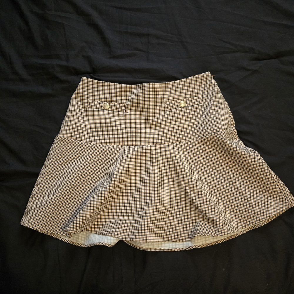 LOFT Beige and Black Checkered A-Line Skirt